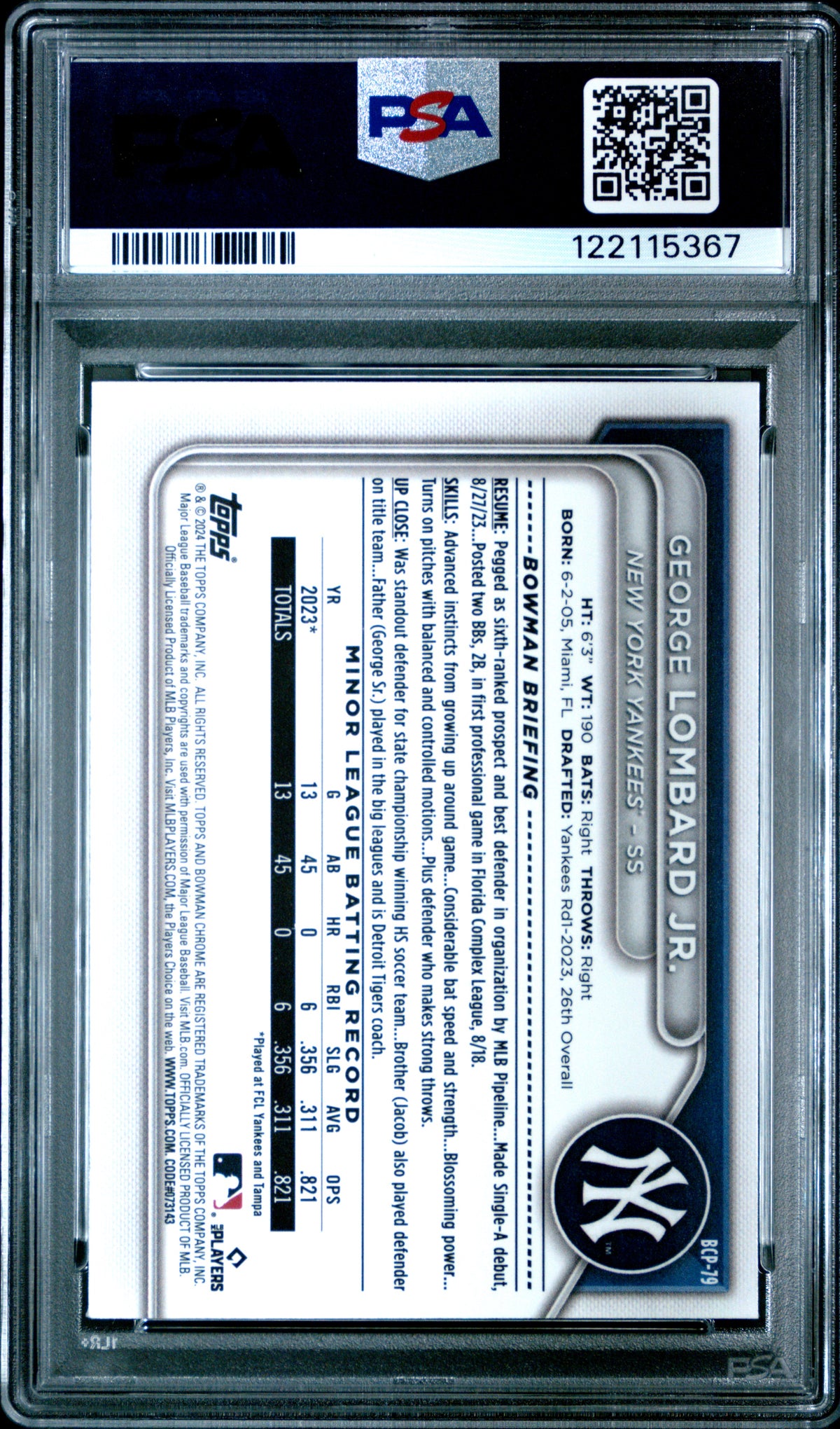 2024 Bowman Chrome Prospects George Lombard Jr. #BCP79 Lunar Glow Ref PSA 10