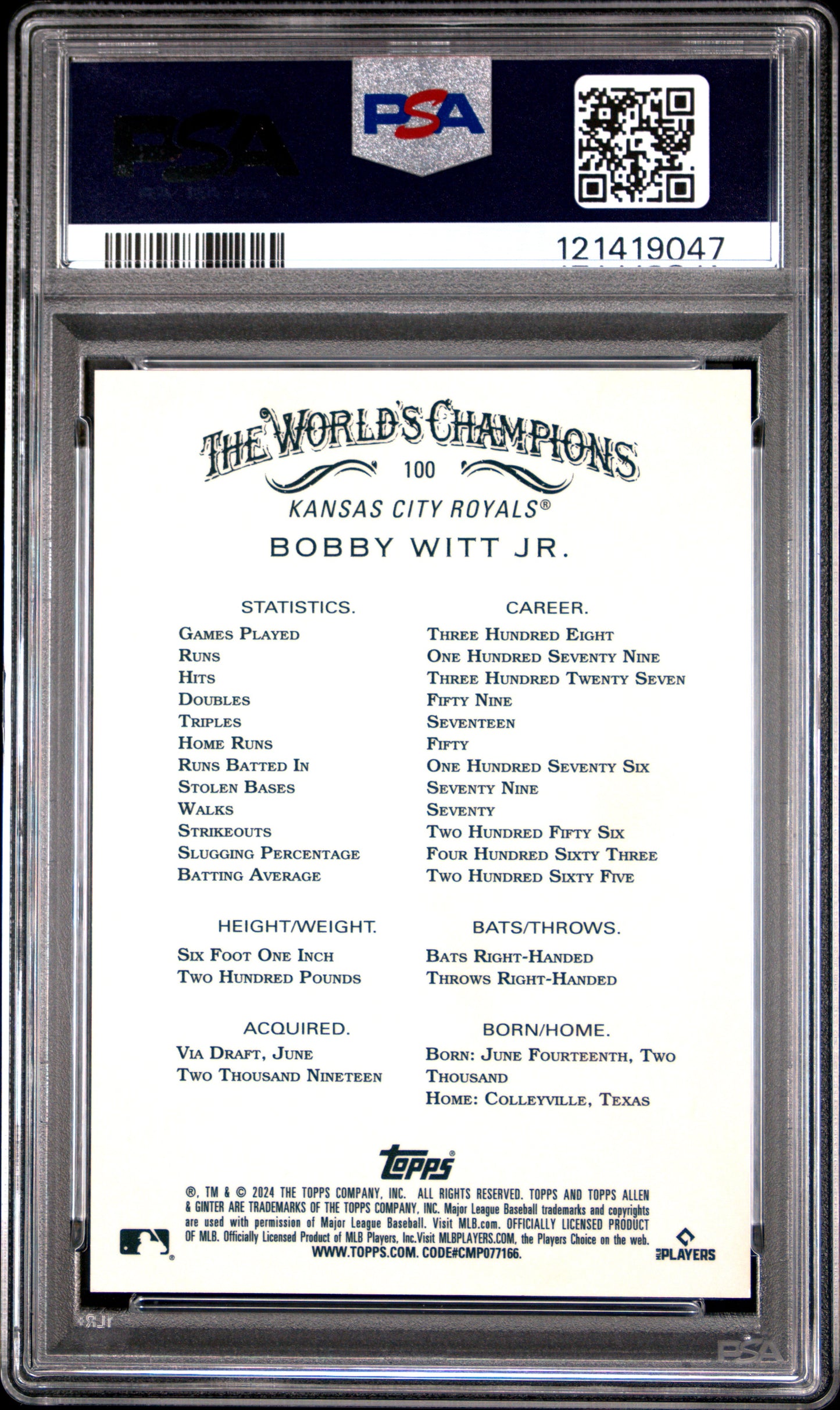 2024 Topps Allen & Ginter Bobby Witt Jr. #100 Chrome-Red Refractor PSA 8