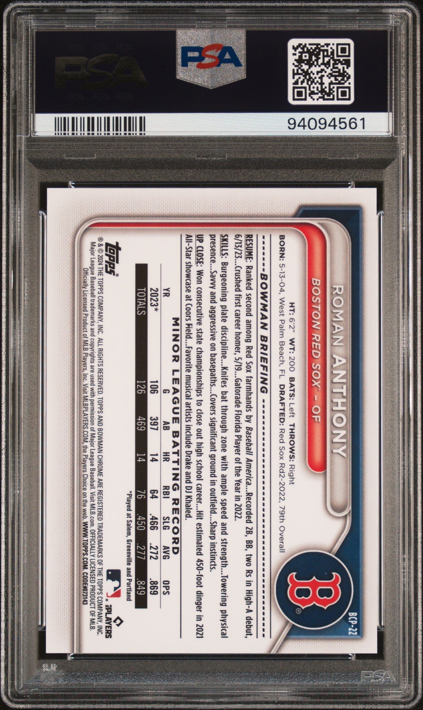 2024 Bowman Sapphire Prospects Roman Anthony Chrome Prospect Orange PSA 10