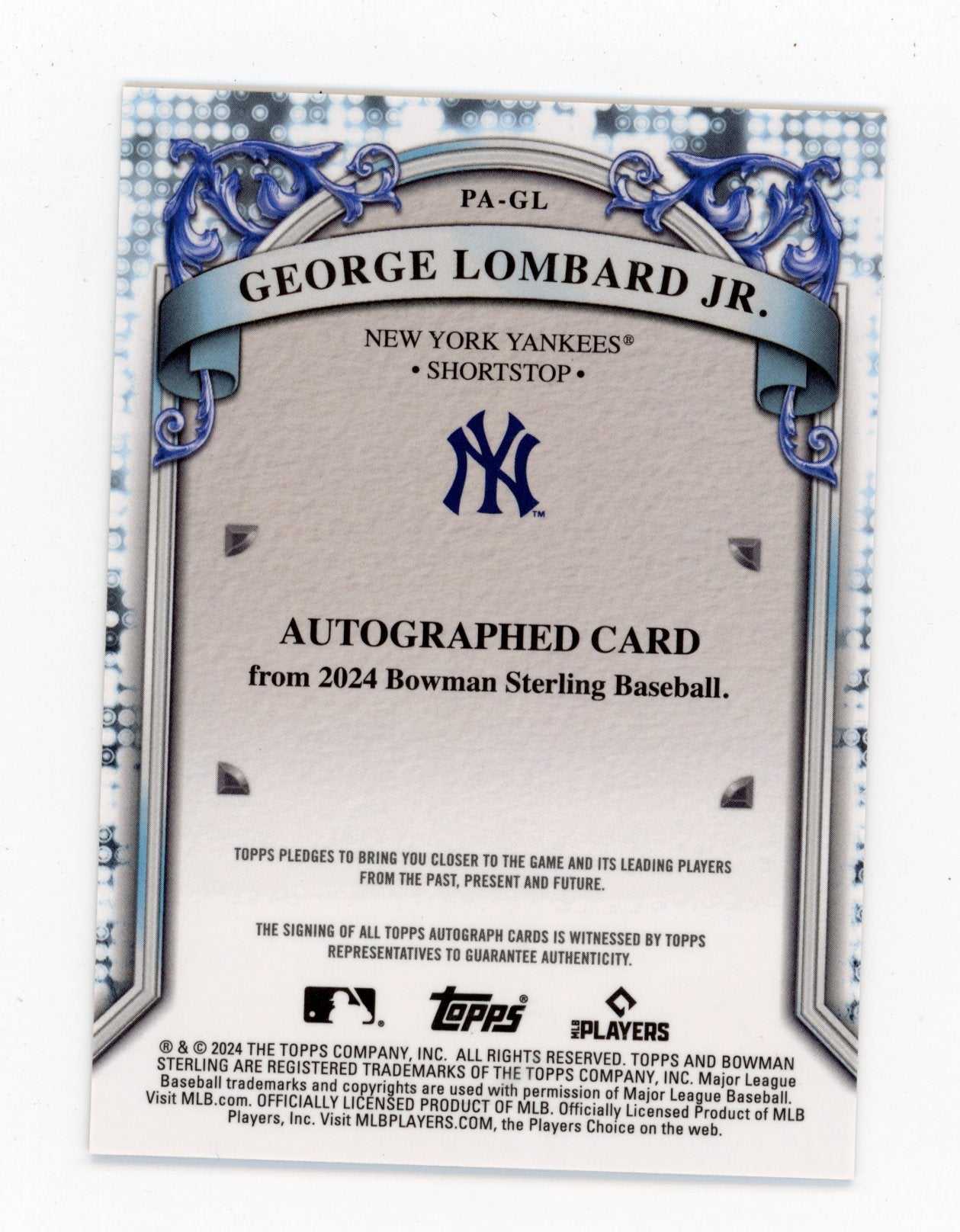2024 Bowman Sterling George Lombard Jr. #PA-GL Autographs Orange #/75 Yankees