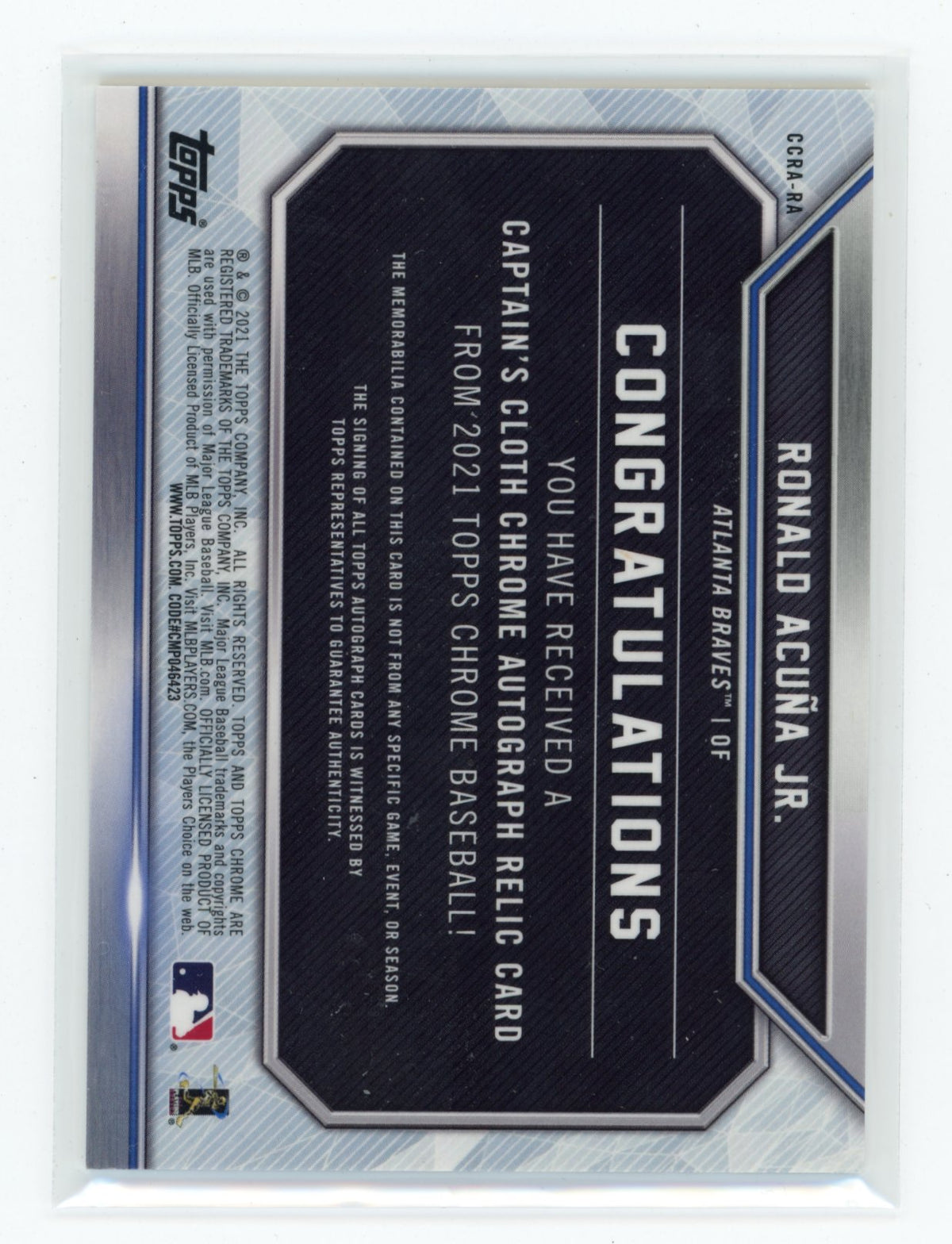 2021 Topps Chrome Ronald Acuña Jr. #CCRA-RA Captain's Cloth Autographs /99