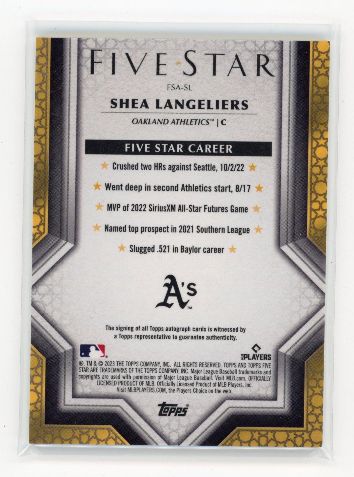 2023 Topps Five Star Shea Langeliers #FSA-SL Oakland Athletics