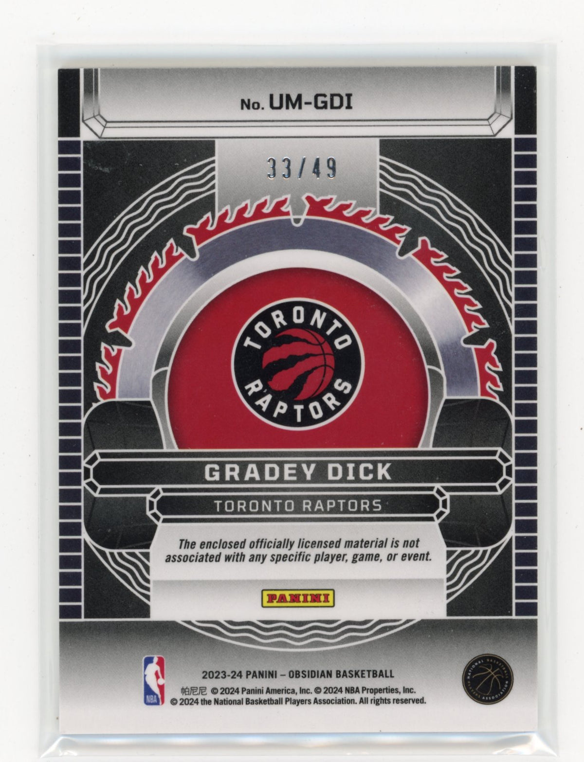 2023-24 Panini Obsidian Gradey Dick #UM-GDI Unbreakable Memorabilia Purple /49