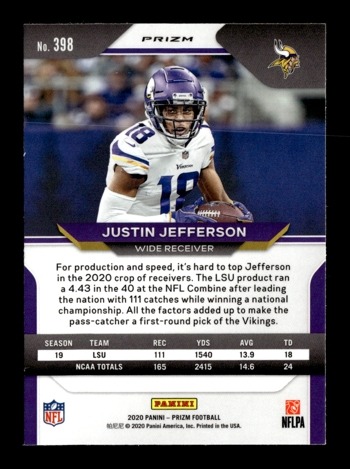 2020 Panini Prizm Justin Jefferson #398 Prizm Lazer Minnesota Vikings
