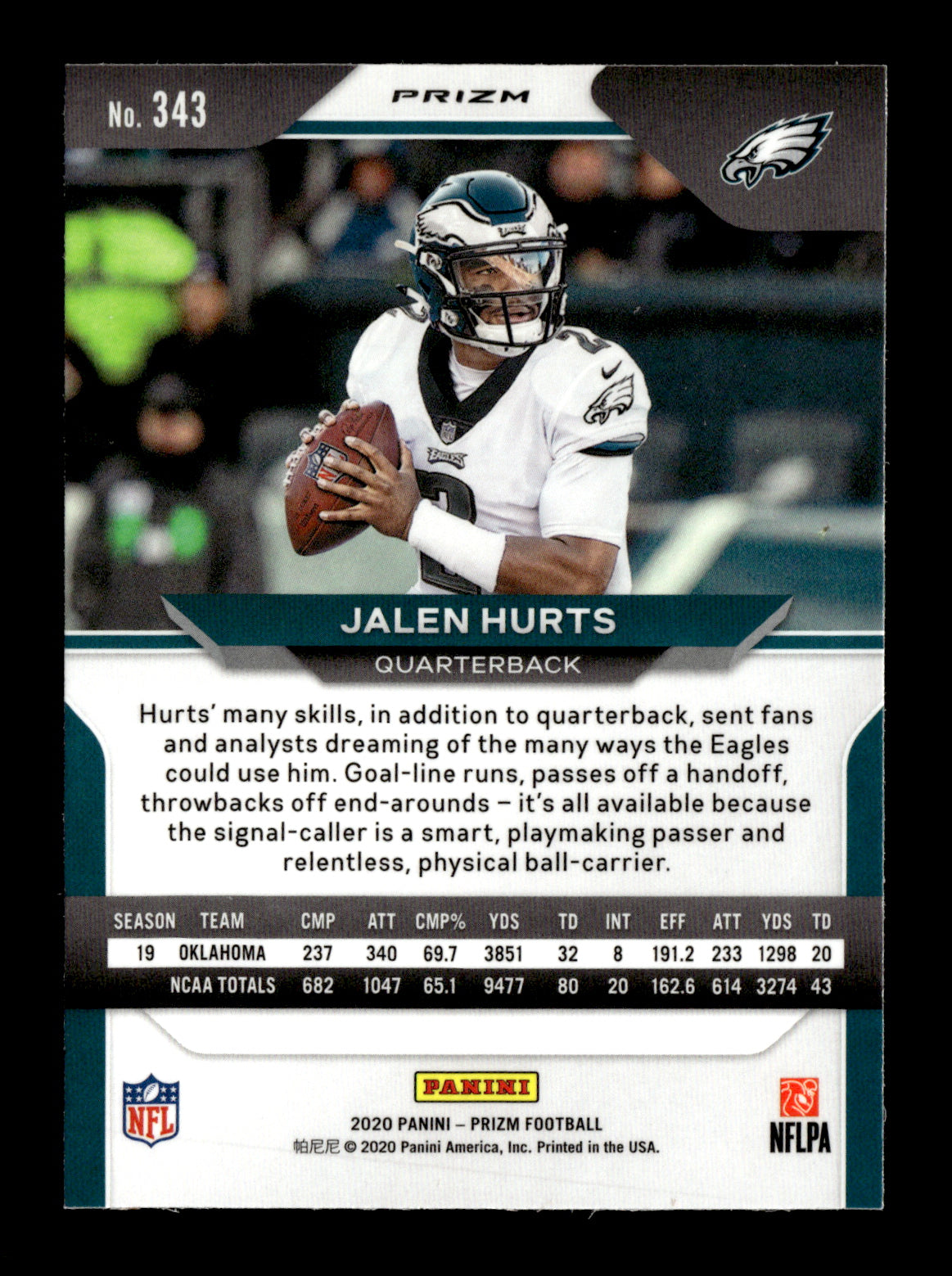 2020 Panini Prizm Jalen Hurts #343 Prizm Lazer Philadelphia Eagles