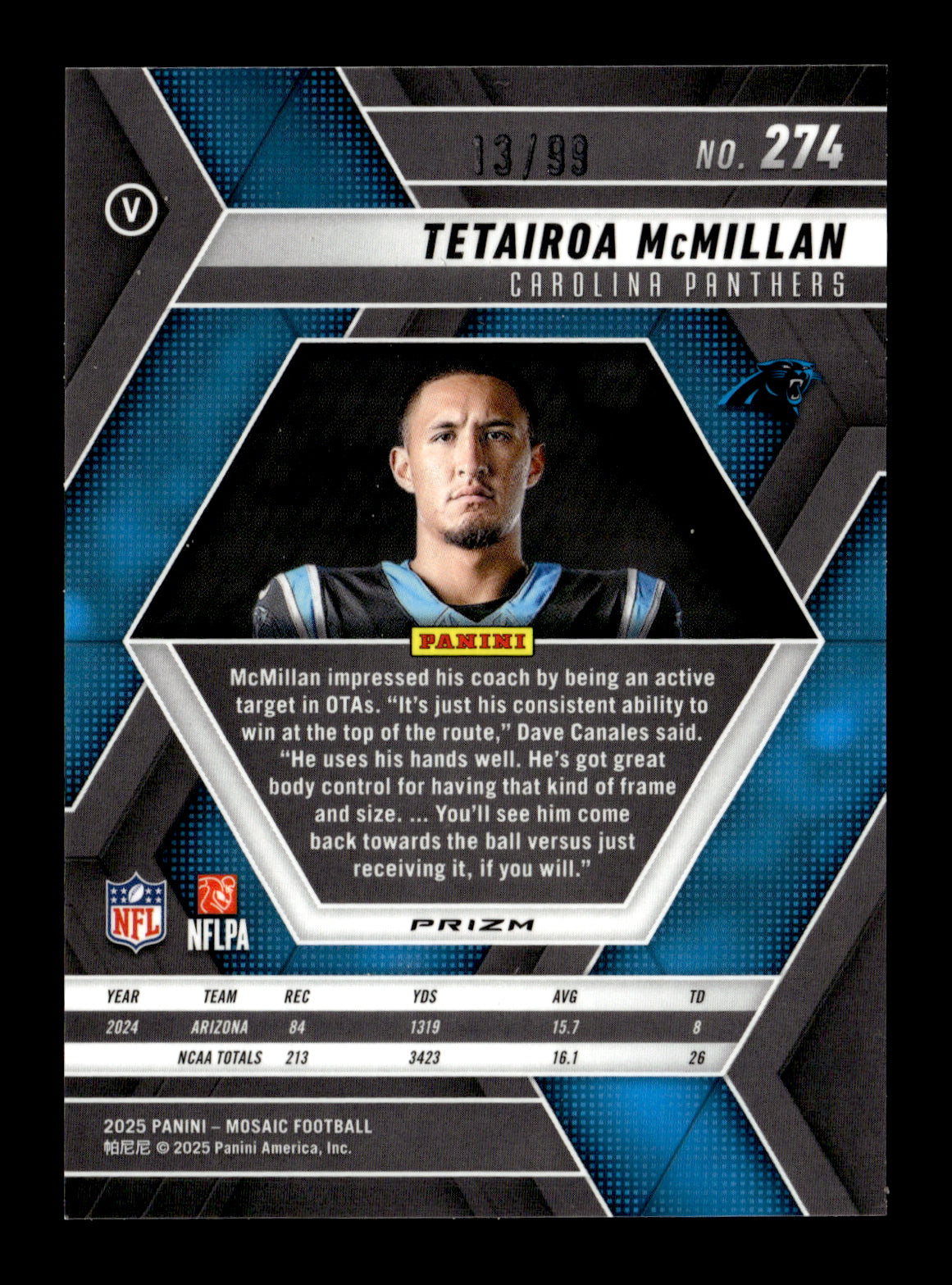 2025 Panini Mosaic Tetairoa McMillan #274 Mosaic Blue #/99 Carolina Panthers
