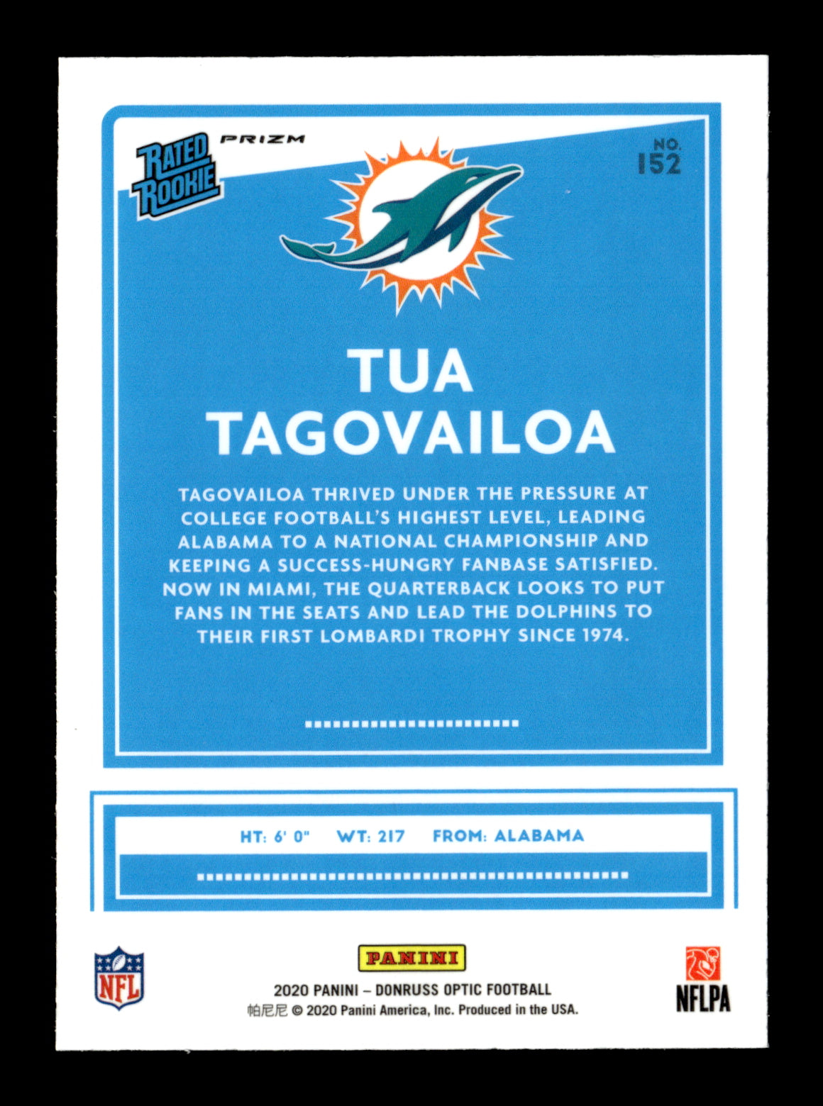 2020 Donruss Optic Tua Tagovailoa #152 Holo Miami Dolphins