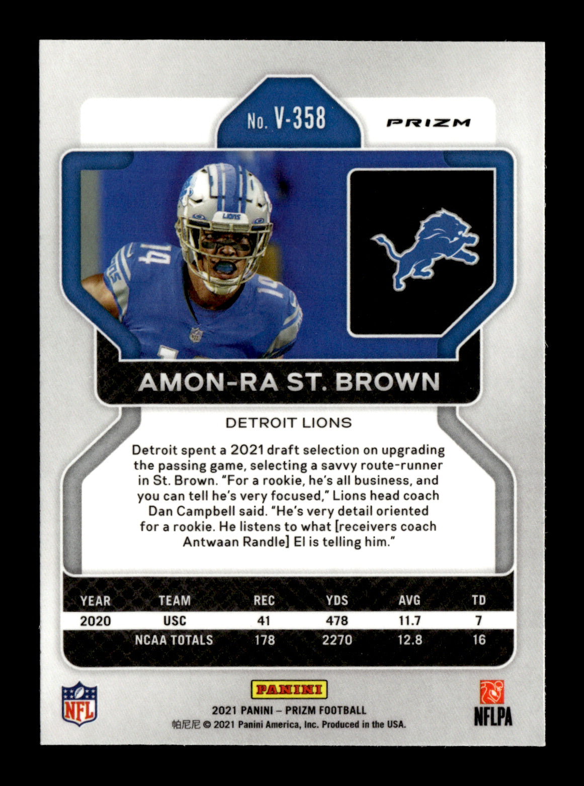 2021 Panini Prizm Amon-Ra St. Brown #V-358 Rookie Variations Prizm Silver