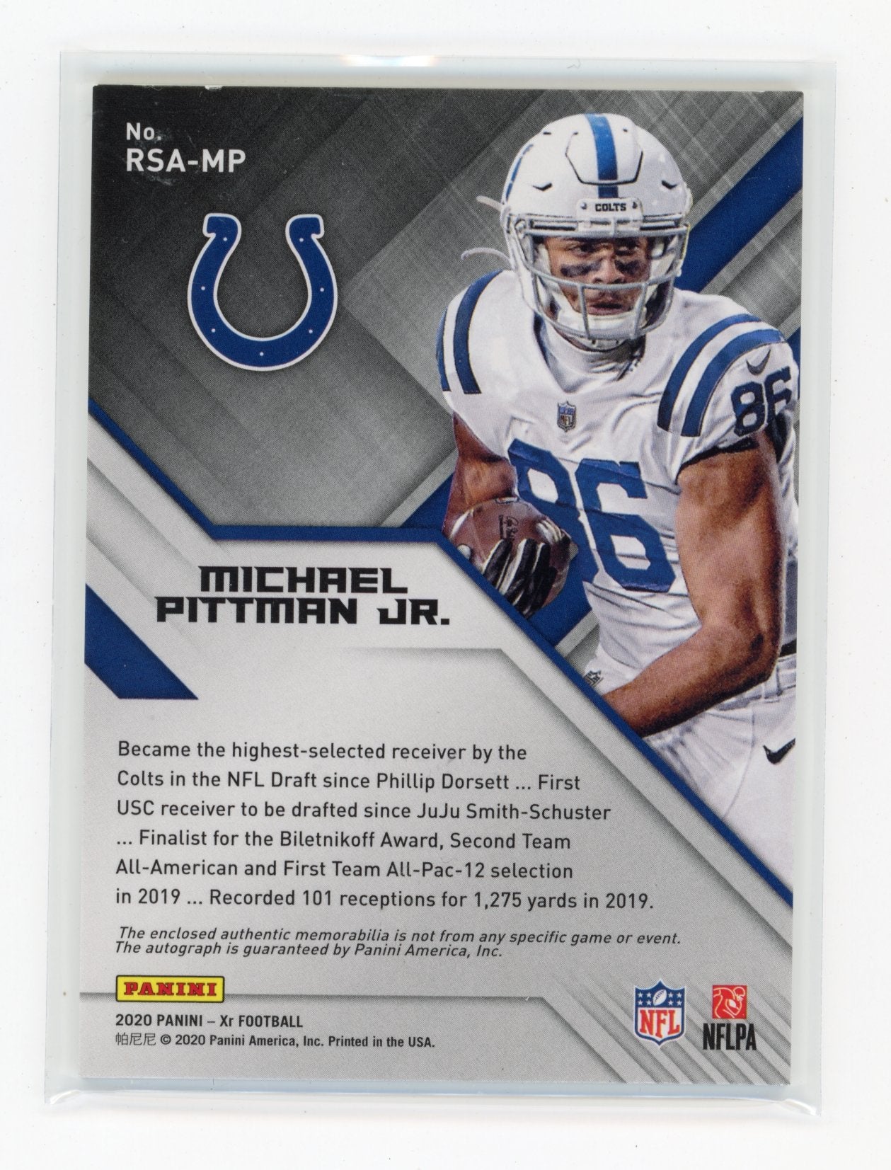 2020 Panini XR Michael Pittman Jr. #RSA-MP Rookie Swatch Autographs Red #/75