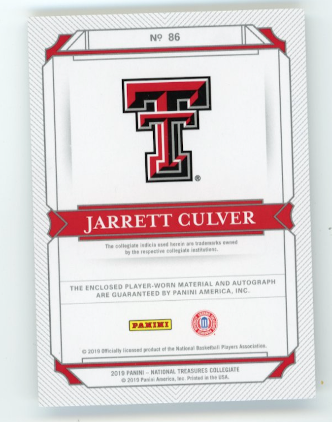 2019 Panini National Treasures Jarrett Culver RC #86 - #/25 Patch Autograph Red Raiders