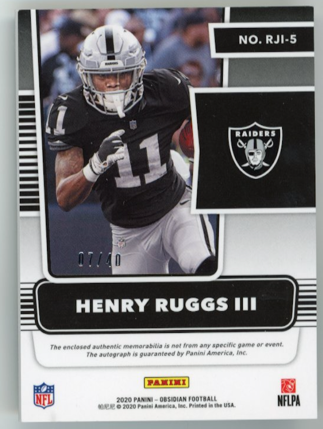 2020 Panini Obsidian Henry Ruggs III #RJI-5 - #/40 Dual Patch Auto Raiders