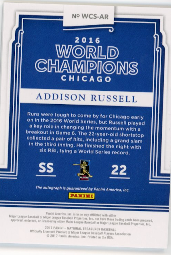 2017 Panini National Treasures Addison Russell #WCS-AR - #/49 Autograph Cubs