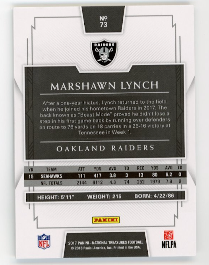 2017 Panini National Treasures Marshawn Lynch #73 - #/99 Raiders