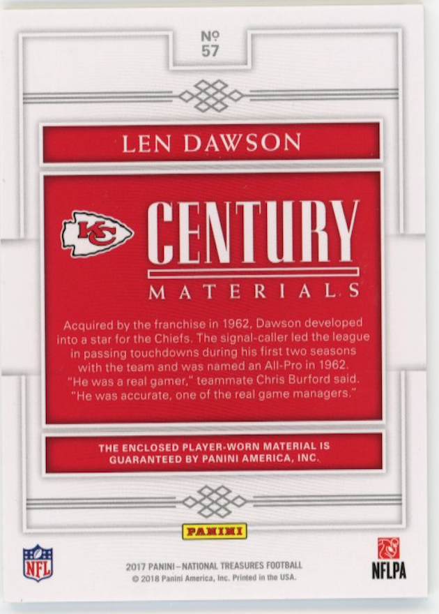 2017 Panini National Treasures Len Dawson #57 - #/49 Patch Chiefs