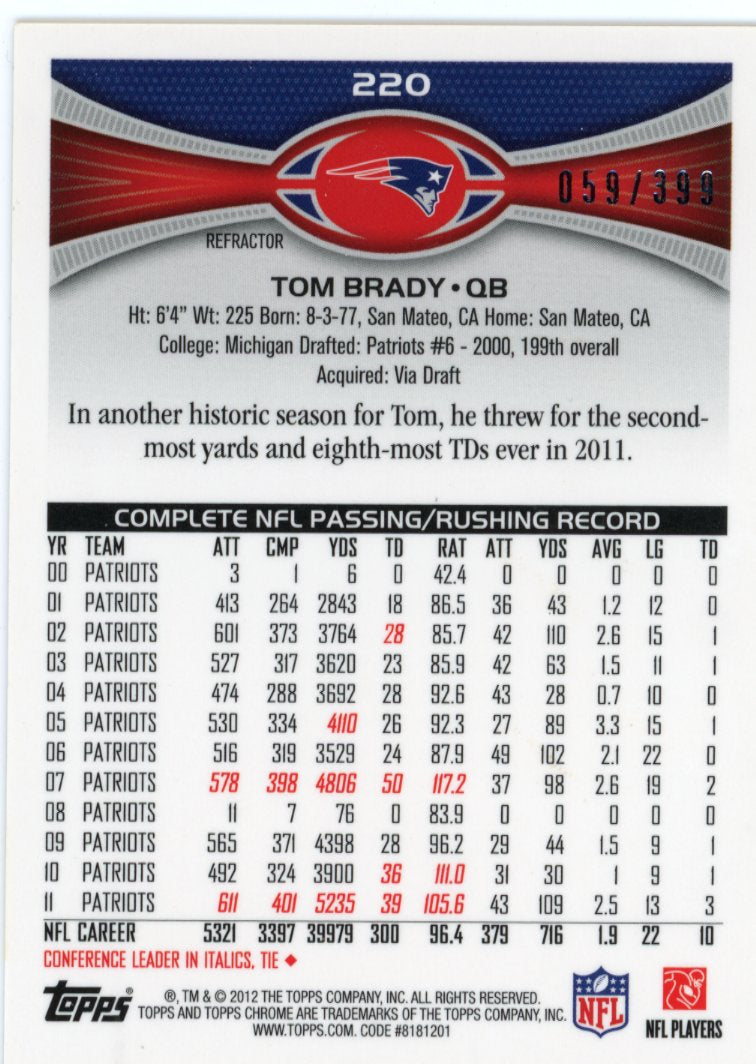 2012 Topps Chrome Tom Brady #220 - Pink Refractor #/399 Patriots