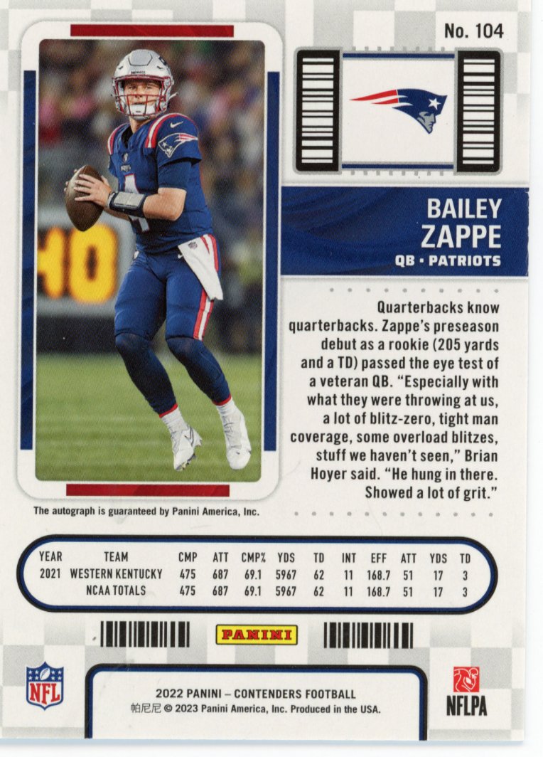 2022 Panini Contenders Bailey Zappe Rookie Ticket RC #104 - Autograph Red Zone Patriots
