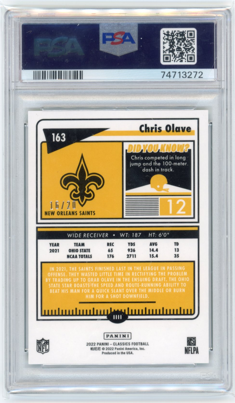 2022 Panini Classics Chris Olive RC #163 - Green #/20 PSA 10 Saints
