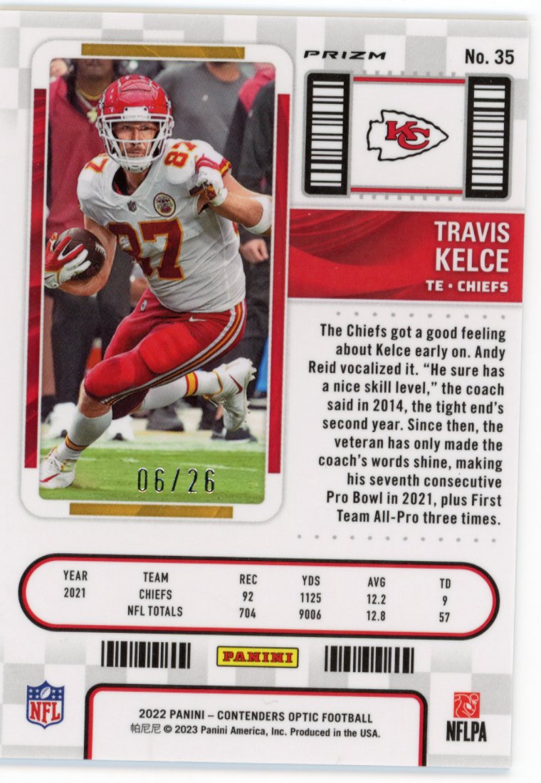 2022 Panini Contenders Optic Travis Kelce Season Ticket #35 - Purple Pulsar #/26 Chiefs