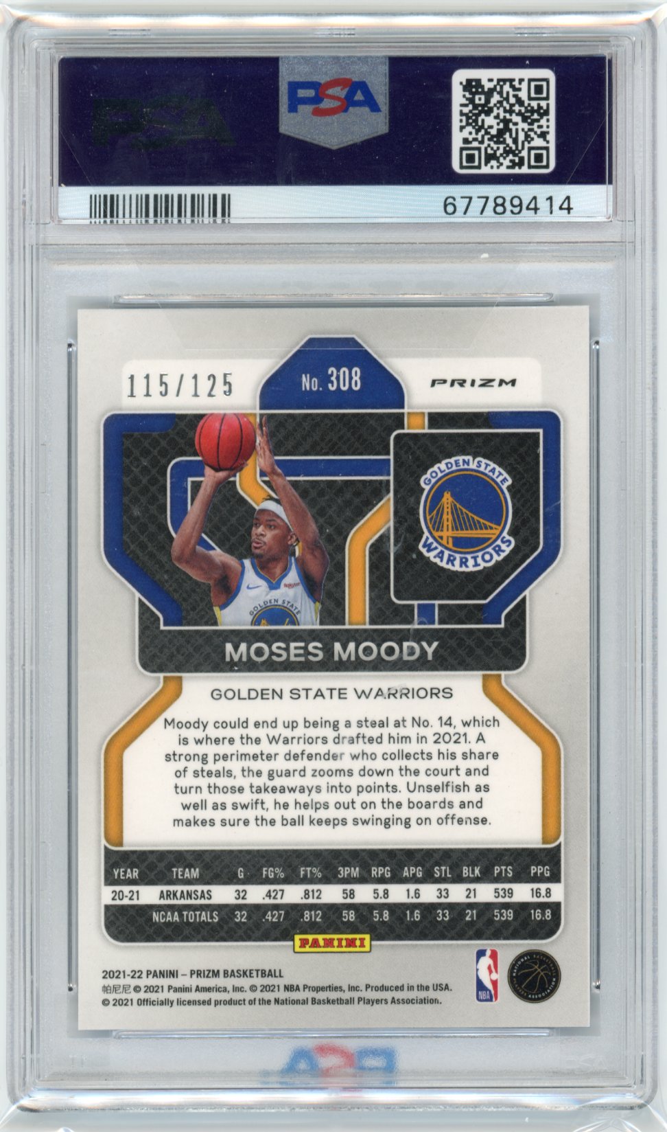 2021 Prizm Moses Moody RC #308 - Blue Cracked Ice #/125 PSA 9 Warriors