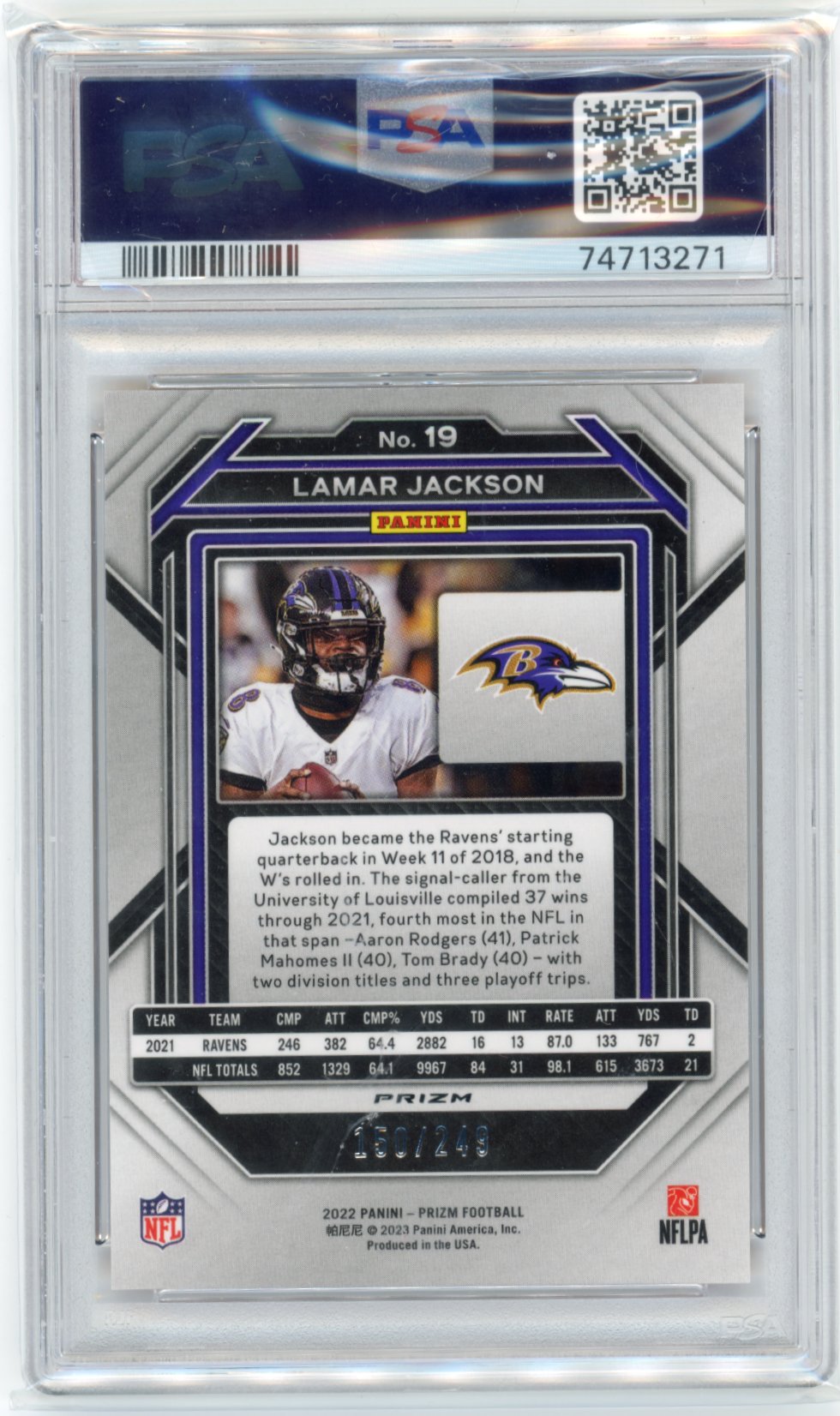 2022 Panini Prizm Lamar Jackson #19 - Orange Prizm #/249 PSA 10