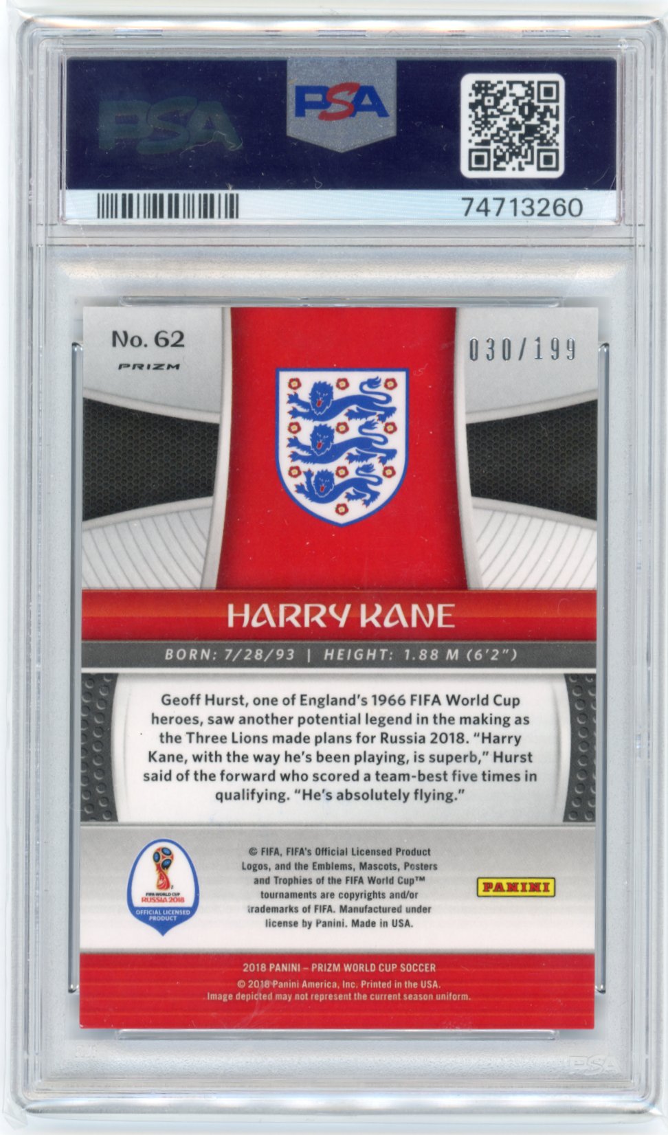 2018 Panini Prizm World Cup Harry Kane #62 - Blue Prizm PSA 10 England