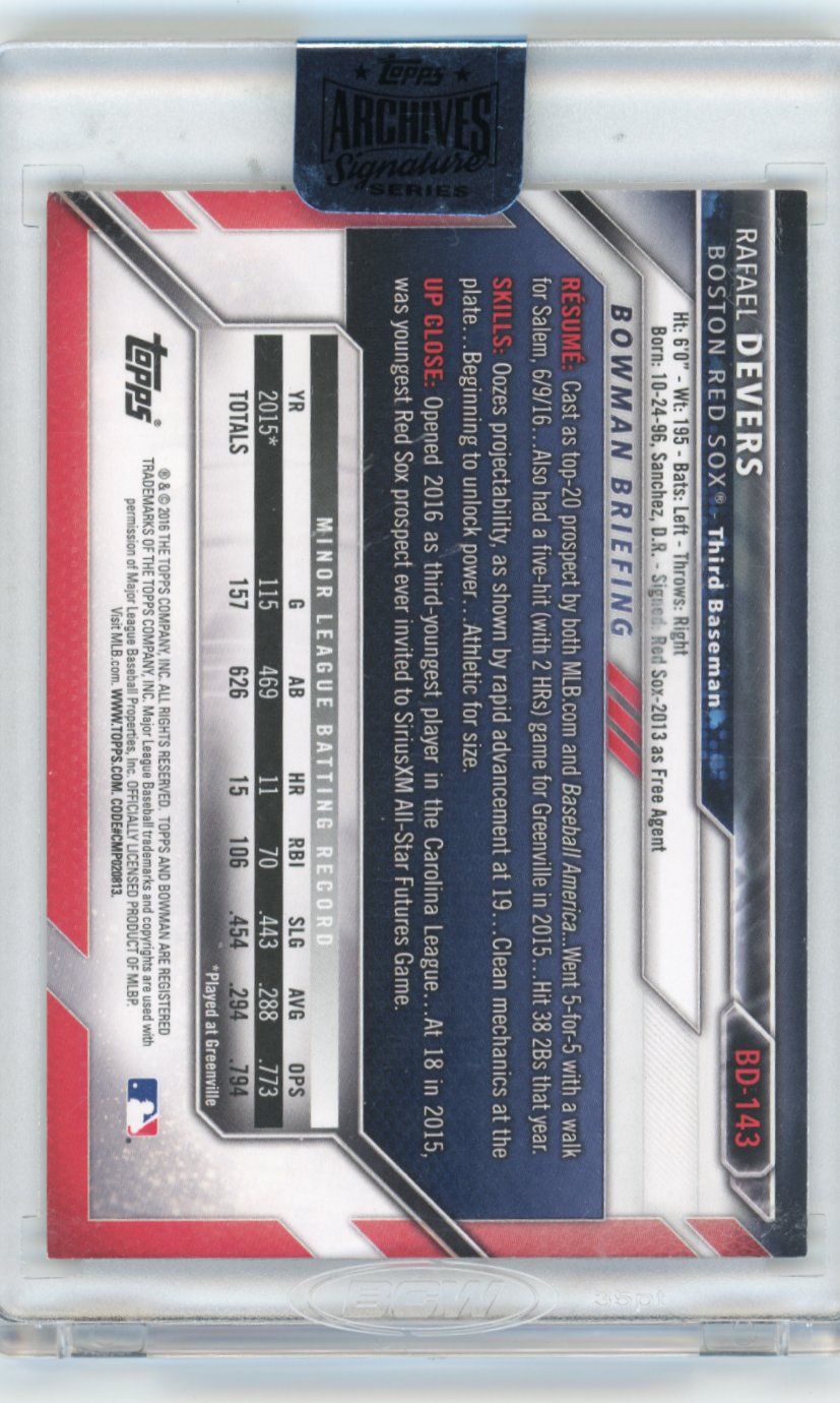 2018 Topps Archives Rafael Devers Signature Series #BD-143 - Autograph #/99 Red Sox