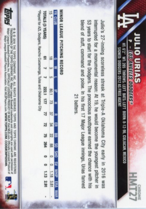 2016 Topps Chrome Julio Urias RC #HMT27 - Sparkle Dodgers