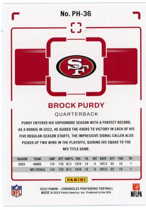 2022 Panini Chronicles Photogenic Brock Purdy RC #PH-36 - 49ers
