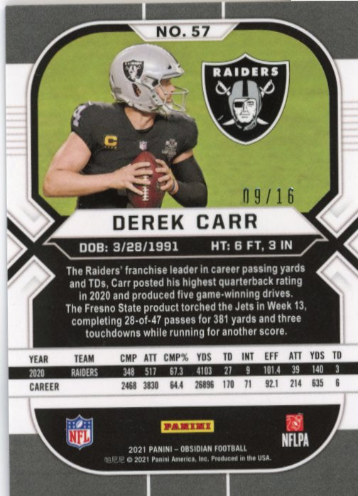 2021 Panini Obsidian Derek Carr #57 - #/16 FOTL Purple