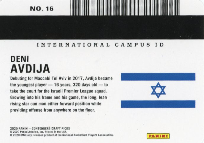 2020 Panini Contenders Draft Picks Deni Avdija International Campus ID #16 - Silver Autograph Wizards