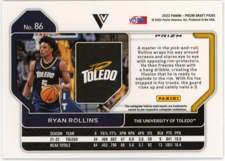 2022 Panini Prizm Draft Picks Ryan Rollins RC #86 - Tiger Toledo