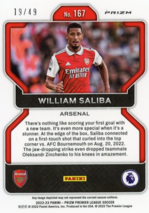 2022/23 Panini Prizm Premier League William Saliba RC #167 - #/49 Purple Arsenal