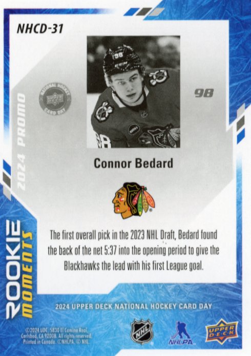 2024 Upper Deck Connor Bedard Rookie Moments #NHCD-13 - Blackhawks