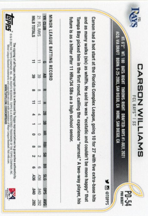 2022 Topps Pro Debut Carson Williams #PD-54 - Autograph Rays