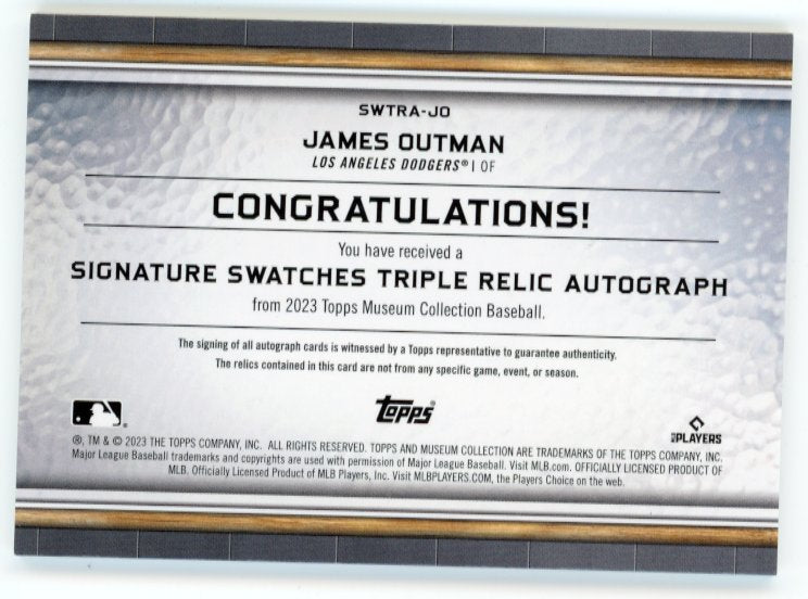 2023 Topps Museum Collection James Outman Signature Swatches RC #SWTRA-JO - Triple Relic Autograph #/199 Dodgers