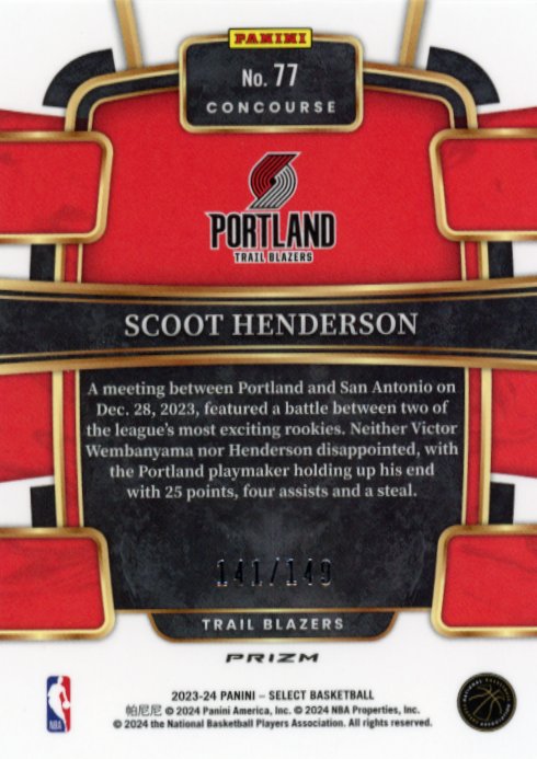 2023/24 Panini Select Scoot Henderson RC #77 - White #/149 Trail Blazers