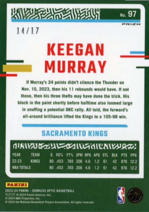 2023/24 Panini Donruss Optic Keegan Murray #97 - #/17 Purple Stars Kings