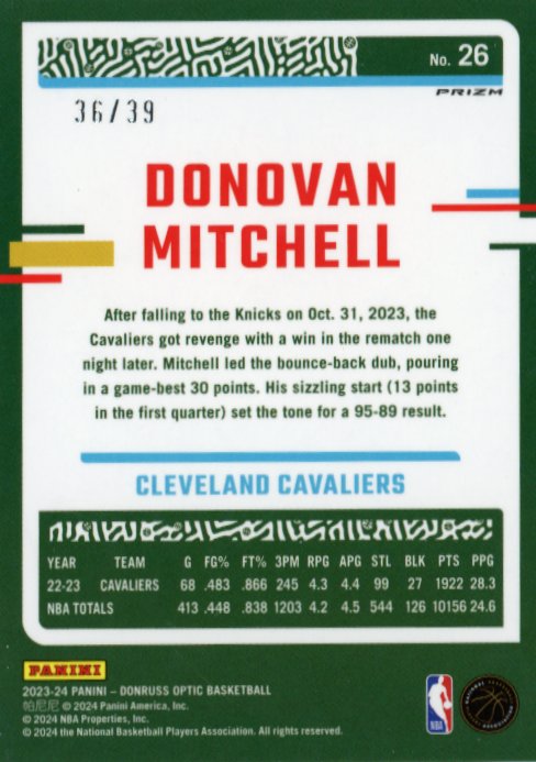 2023/24 Panini Donruss Optic Donovan Mitchell #26 - Black #/39 Cavaliers