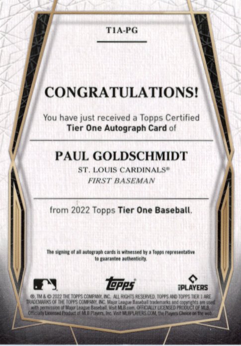 2022 Topps Tier One Paul Goldschmidt #T1A-PG - Autograph #/25 Cardinals