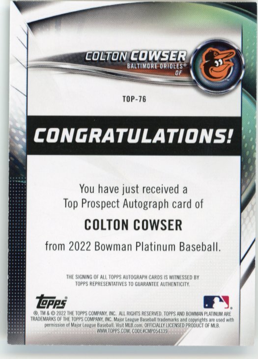 2022 Topps Bowman Platinum Colton Cowser #TOP-76 - Autograph Orioles