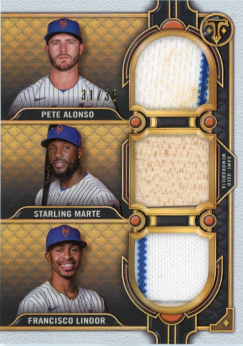 2022 Topps Triple Threads Pete Alonso Starling Marte Francisco Lindor #RCC-AML - Triple Relic #/36 Mets