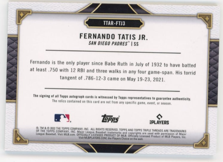 2022 Topps Triple Threads Fernando Tatis Jr. "Torrid Stats" #TTAR-FTJ3 - Autograph Relic Orange #/18 Padres