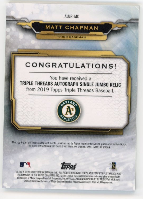 2019 Topps Triple Threads Matt Chapman #AUJR-MC - Autograph Relic Purple #/75 A's