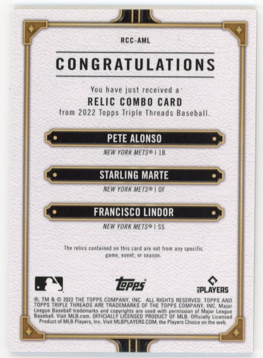 2022 Topps Triple Threads Pete Alonso Starling Marte Francisco Lindor #RCC-AML - Triple Relic #/36 Mets