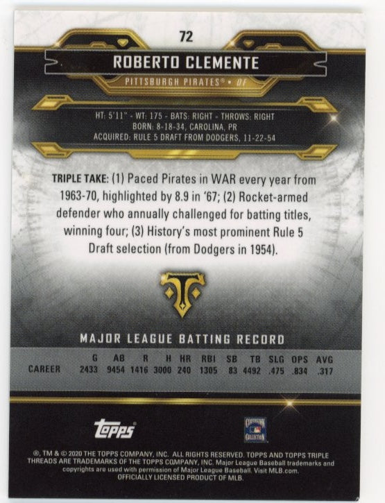 2020 Topps Triple Threads Roberto Clemente #72 - #/99 Bronze Pirates