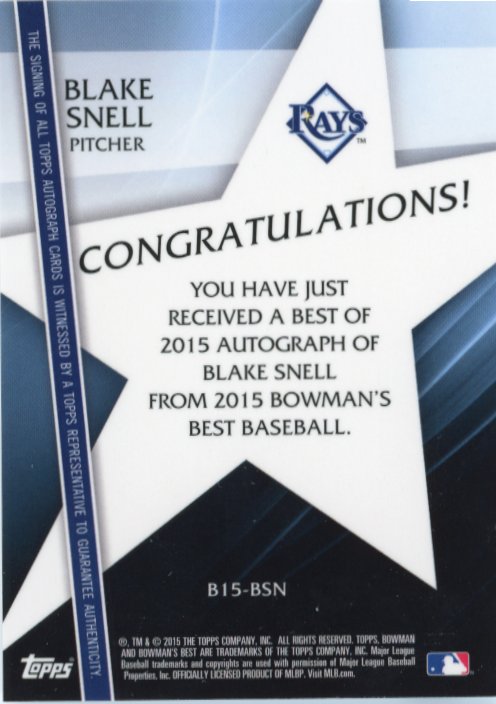 2015 Topps Bowmans Best Blake Snell #B15-BSN - Autograph Rays