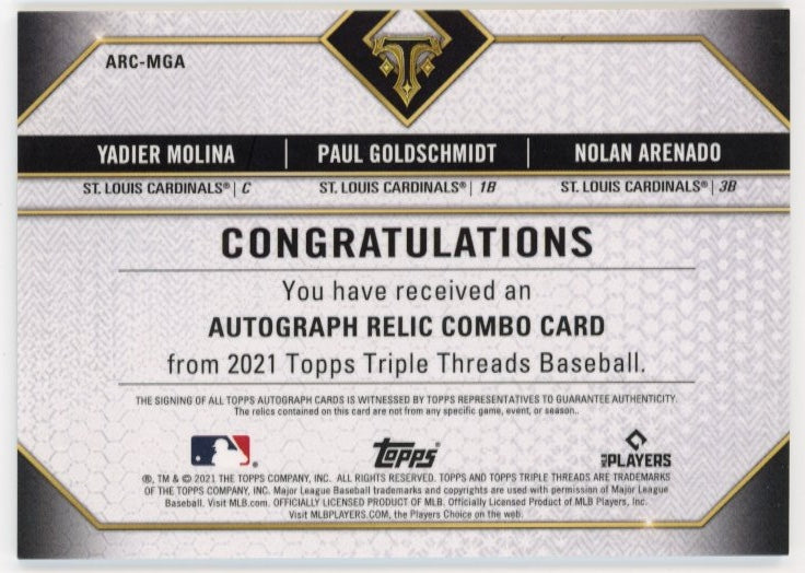 2021 Topps Triple Threads Yadier Molina Paul Goldschmidt Nolan Arenado #ARC-MGA - Triple Autograph Triple Relic Green #/18 Cardinals