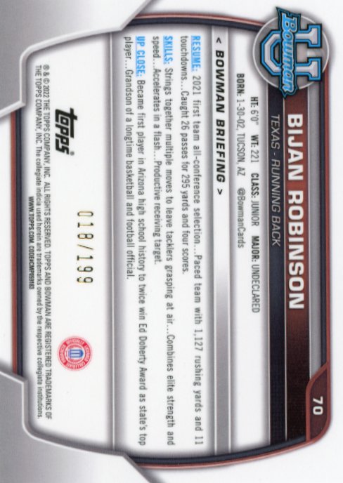 2022 Topps Bowman University Bijan Robinson #70 - Blue #/199 Texas