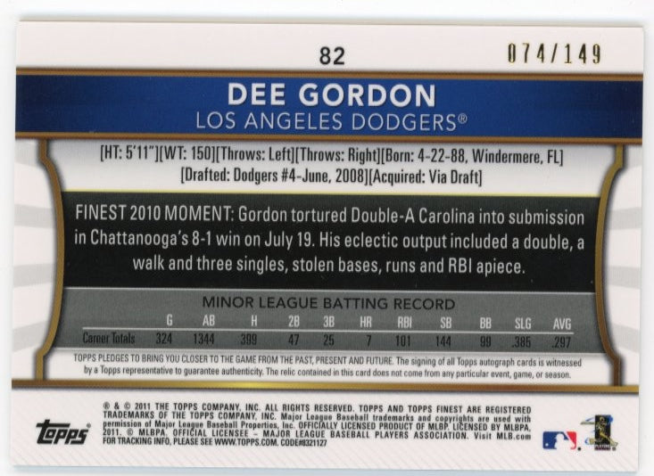 2011 Topps Finest Dee Gordon #82 - Autograph Dual Relic Green #/149 Dodgers