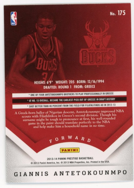 2013/14 Panini Prestige Giannis Antetokounmpo RC #175 - Bucks